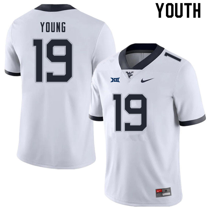 Youth #19 Scottie Young West Virginia Mountaineers College Football Jerseys Sale-White - Click Image to Close